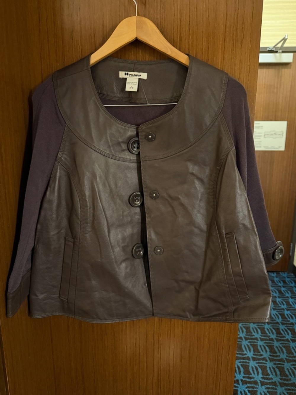 Women's Dark Brown Leather Jacket with Knit Sleeves